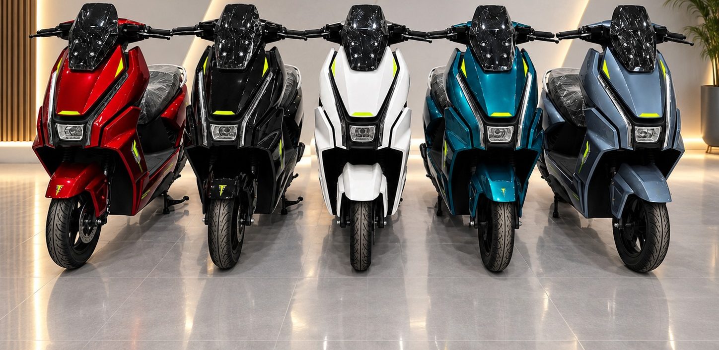 Five Mitra Stark E4 electric scooters in red, black, white, teal and grey lined up in a showroom