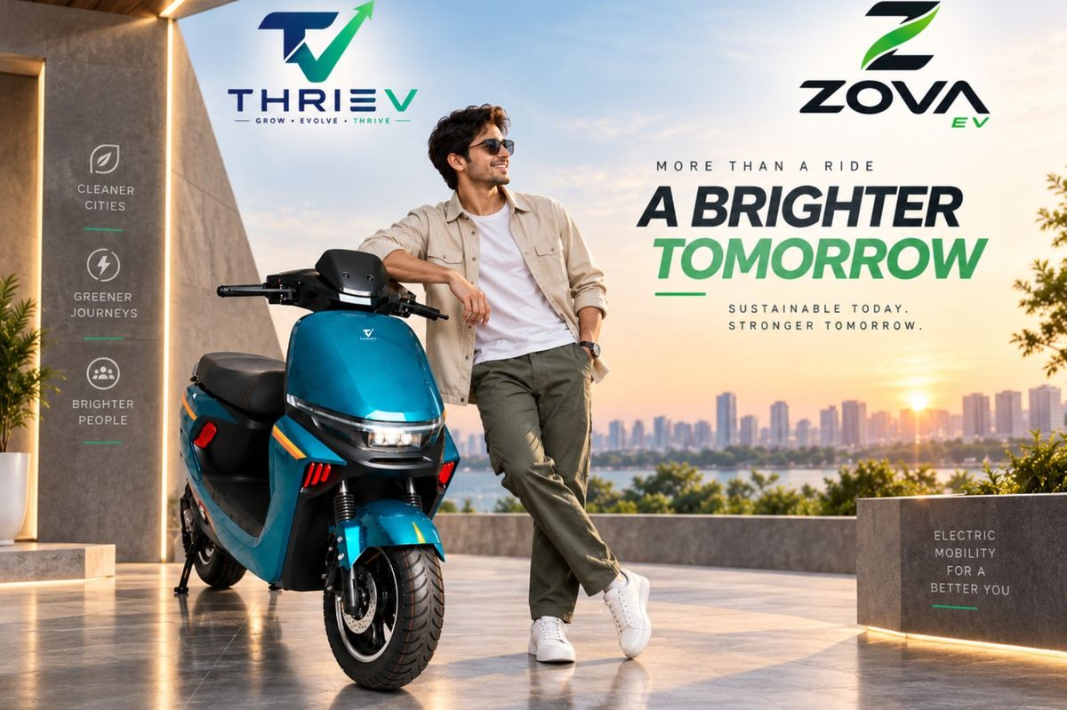 Rider with a Mitra Stark electric scooter against a city skyline